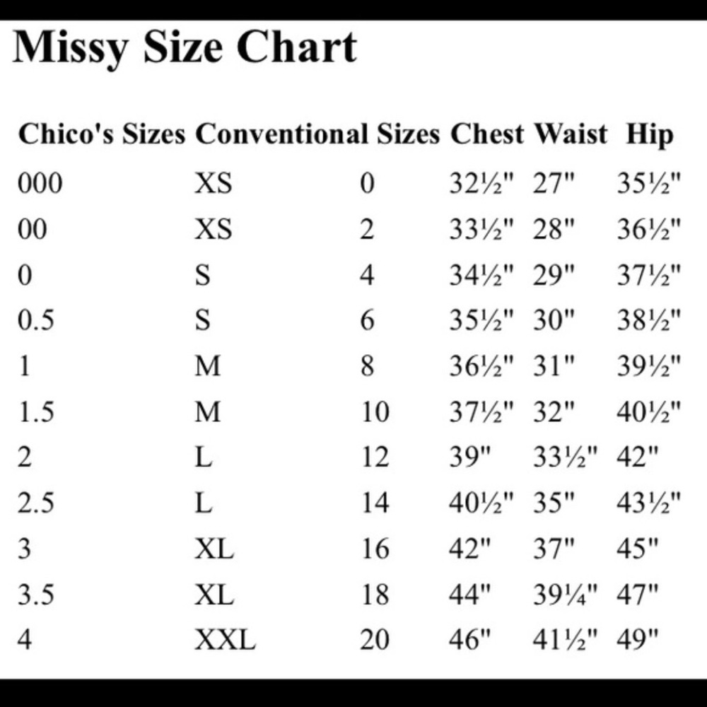 CHICO’s sizing chart